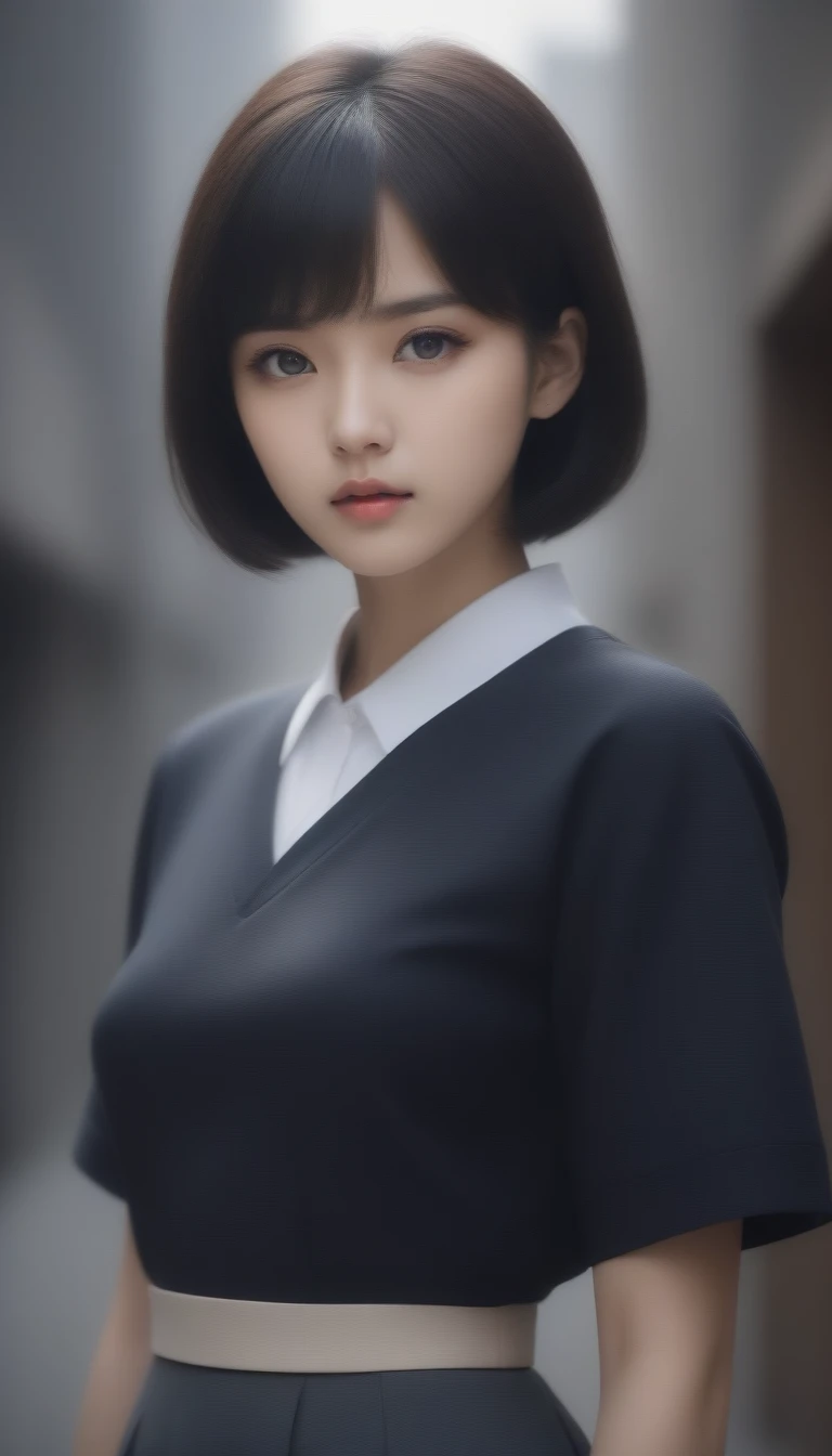8k, Ultra-high resolution, Highest quality, masterpiece, 三分割法によるphotograph,Surreal, photograph,One Woman, (:1.3), cute, cute顔, 細部までBeautiful Eyes, 細かくdetailedに,masterpiece,One Girl:1.2,Japanese women,kindergarten,close up,glaring,Black short hair,Bowl cut,ID photo,(kindergarten uniforms:1.3),Eccentric,Future City,white collar,((Fusion of humans and androids))(Beautiful attention to detail),Subtle details, detailedな顔,anger,Attractive eyes,(ポートレートphotograph:1.4),(Photorealistic images:1.4),Fantasy art,(Beautiful Face:1.4),美しくAttractive eyes、Beautiful Eyes,Silver residue,(Tight waist:1.4)、(Beautiful with perfect body proportions:1.4),Pink Lips,profile,(((Ideal body type))),A-cup small breasts :2,、Portraiture:2、Perfect Anatomy、鮮明なdetailed、detailed,Fashion magazine cover,Thin lips,完璧でBeautiful Face ,完璧でcute顔, Skin with attention to detail, Perfect limbs、Narrow waist,Surreal,Light and shadow,spotlight
