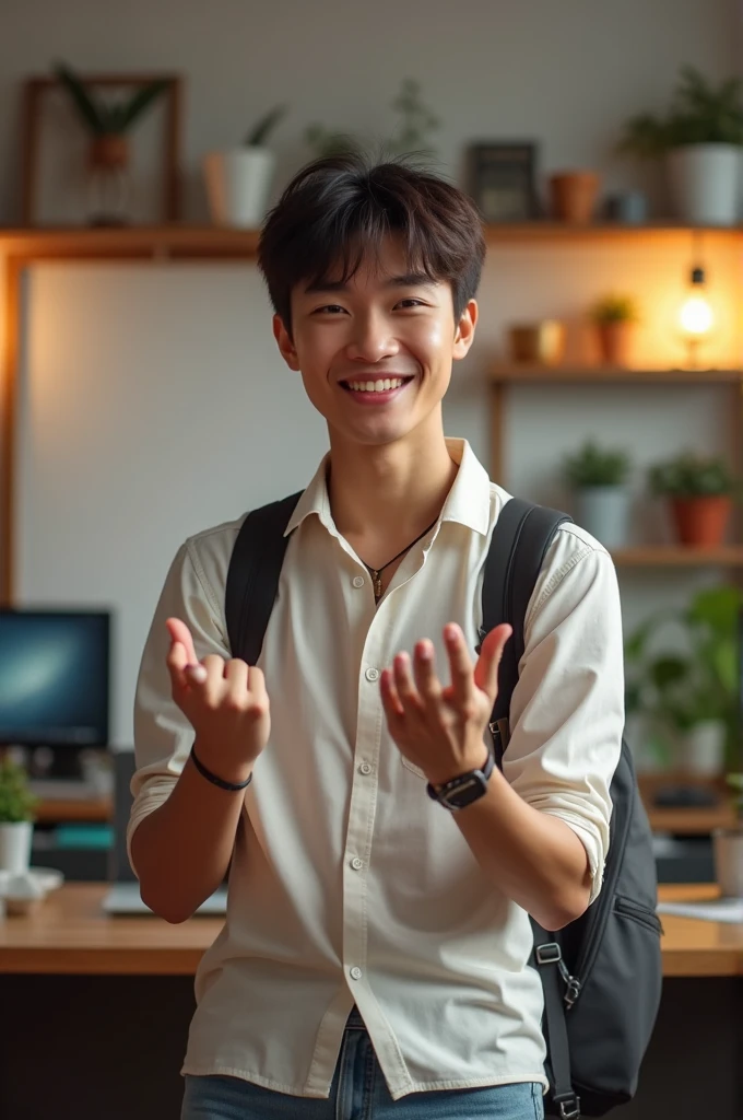 Korean man, Inspiration from Peng Yuyan, 23 years old, Korean muscular man ,The computer room is in the back, tight sports t-shirts, navy blue., open mouth smile