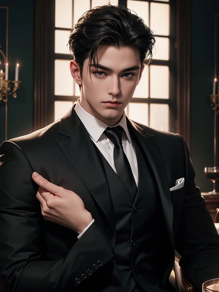 ((masterpiece)), ((best quality:1.2)), high resolution, 8k, (ultra_realistic:1.3), (photorealistic:1.4), (absurdres), sharp focus, highly detailed, (high quality), (masterpiece), handsome man, 25 year-old. Korean, 2,
 normosthenic, black suit, green eyes, muscular, full body, dark light, front light, rim light. Mafia boss aesthetic. Rich billionaire boyfriend.
