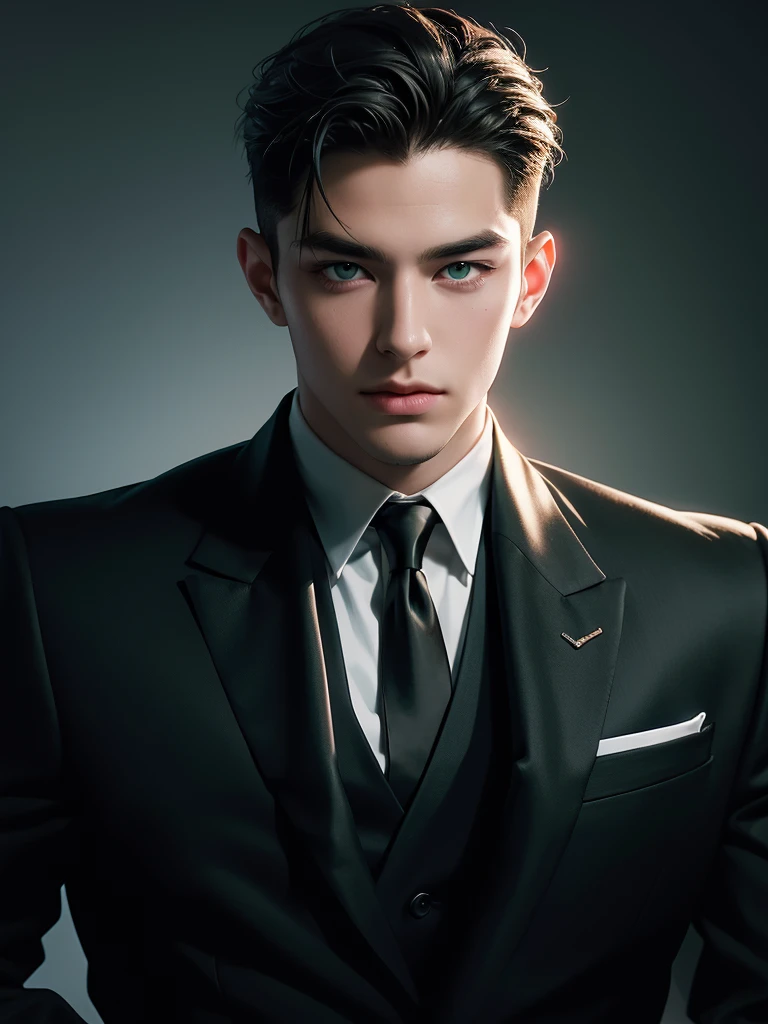 ((masterpiece)), ((best quality:1.2)), high resolution, 8k, (ultra_realistic:1.3), (photorealistic:1.4), (absurdres), sharp focus, highly detailed, (high quality), (masterpiece), handsome man, 25 year-old. Korean, 2,
normosthenic, black suit, green eyes, muscular, full body, dark light, front light, rim light. Mafia boss aesthetic. Rich billionaire boyfriend.