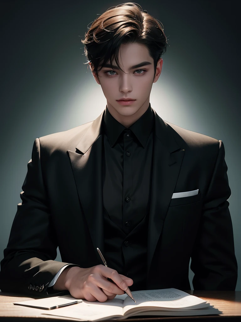 ((masterpiece)), ((best quality:1.2)), high resolution, 8k, (ultra_realistic:1.3), (photorealistic:1.4), (absurdres), sharp focus, highly detailed, (high quality), (masterpiece), handsome man, 25 year-old. Korean, 2,
normosthenic, black suit, green eyes, muscular, full body, dark light, front light, rim light. Mafia boss aesthetic. Rich billionaire boyfriend.