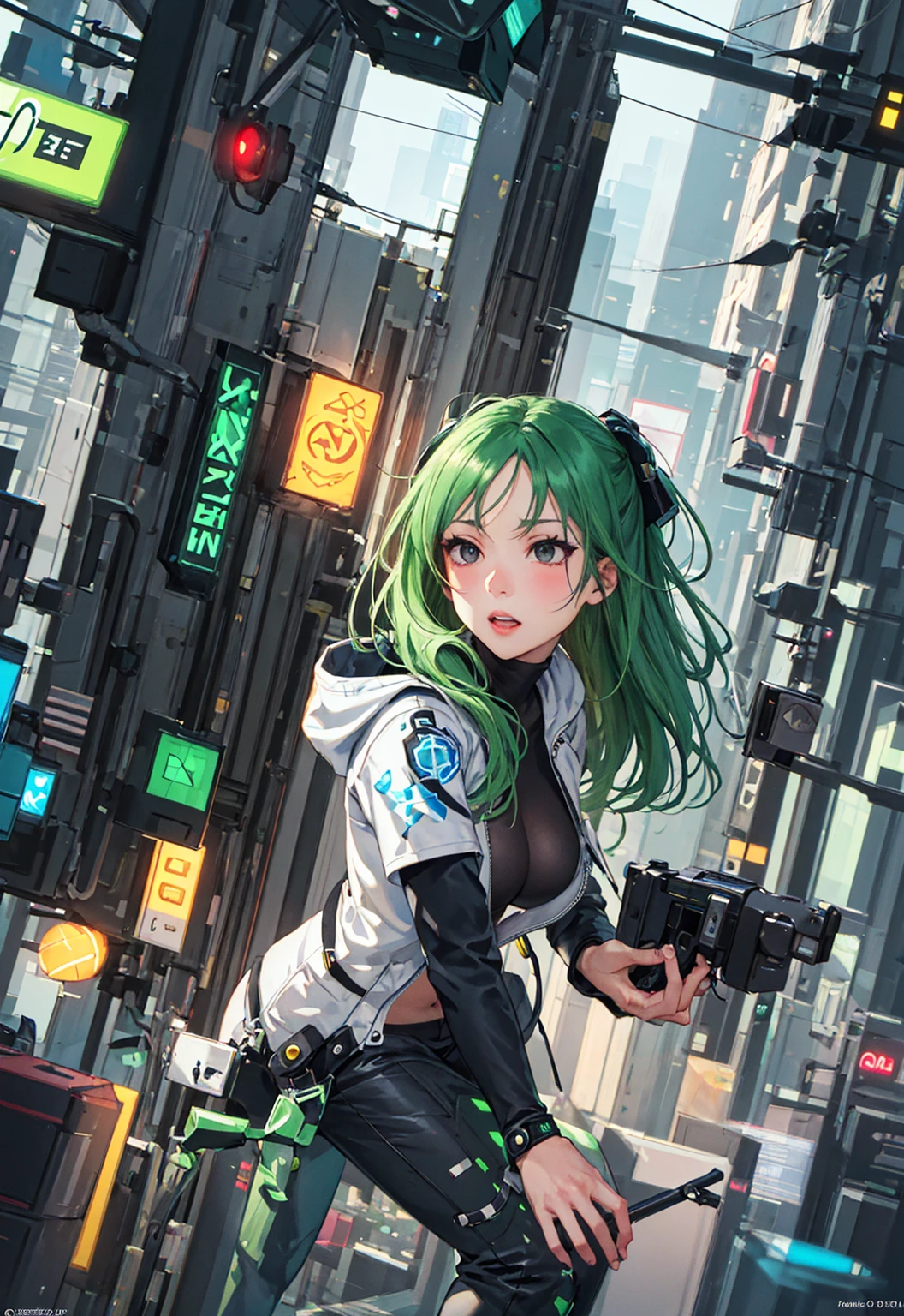 ((masterpiece)), (((best quality))), chromatic lighting,
colorized, green + white limited color palette,
detailed concept drawing,
Shibuya street girl, cyberpunk, futuristic,
portrait, 20yo 1girl, medium soft breasts, slender, jacket, combat-pants,, long green hair, black eyes,in a city,