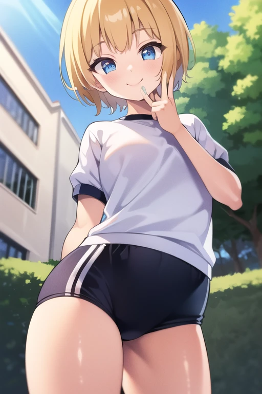 Bloomers, black Bloomers, (White short-sleeved gym uniform), School, ground, Sports Conference, ((Highest quality)), ((masterpiece)), (detailed), Perfect Face, Perfect Arms, Perfect hands, Perfect Fingers, anime, Ultra-fine Illustration, ((1 person)), 1 person, ((Please put your hand over your mouth)), (smile:1.3), (Open your mouth:1.3), blue eyes, blonde, (Very short hair), bangs, Attractive person, Cowboy Shot, Outdoor, 