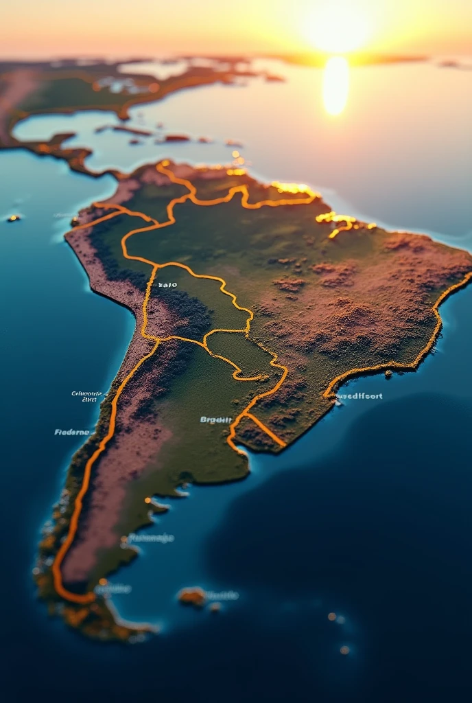 A view from above showing the country of Brazil with a digital overlay displaying the current time in a clear, modern font. The map should highlight Brazil's borders and include key cities like Brasília and São Paulo. The image should have a warm, golden light to indicate daytime in Brazil. The background should be a gradient sky, transitioning from blue to a light orange, symbolizing the time of day.