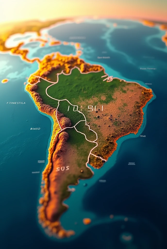 A view from above showing the country of Brazil with a digital overlay displaying the current time in a clear, modern font. The map should highlight Brazil's borders and include key cities like Brasília and São Paulo. The image should have a warm, golden light to indicate daytime in Brazil. The background should be a gradient sky, transitioning from blue to a light orange, symbolizing the time of day.