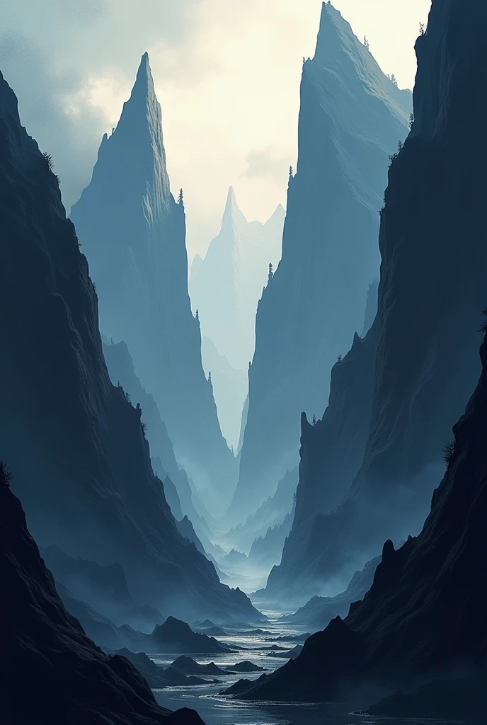Design an abstract representation of high mountain cliffs using dramatic contrasts and vertical lines.