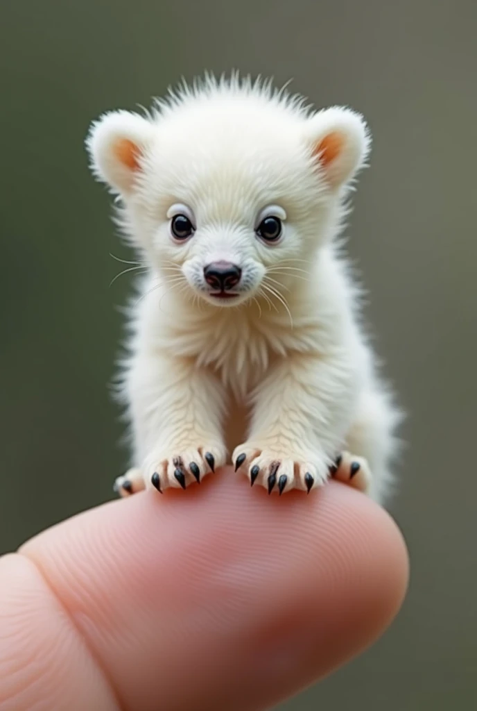 The world's smallest baby highland bear, a white calf perched on someone's finger, is undoubtedly cute and charming. The photo is very realistic and captures the subtle features of the miniature bear with precise precision.