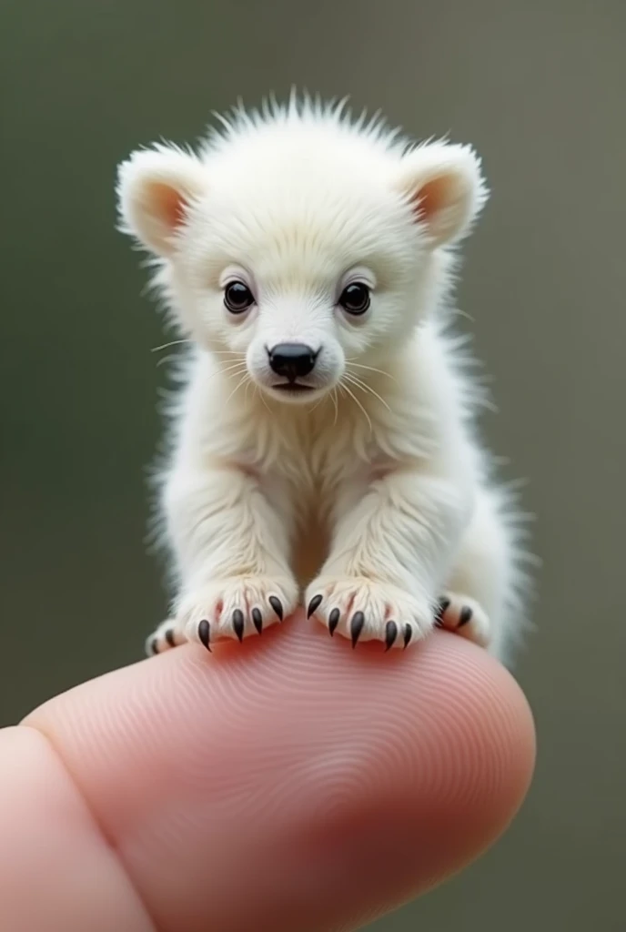 The world's smallest baby highland bear, a white calf perched on someone's finger, is undoubtedly cute and charming. The photo is very realistic and captures the subtle features of the miniature bear with precise precision.