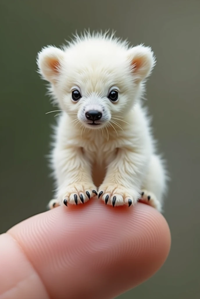 The world's smallest baby highland bear, a white calf perched on someone's finger, is undoubtedly cute and charming. The photo is very realistic and captures the subtle features of the miniature bear with precise precision.