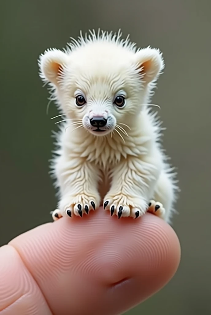 The world's smallest baby highland bear, a white calf perched on someone's finger, is undoubtedly cute and charming. The photo is very realistic and captures the subtle features of the miniature bear with precise precision.