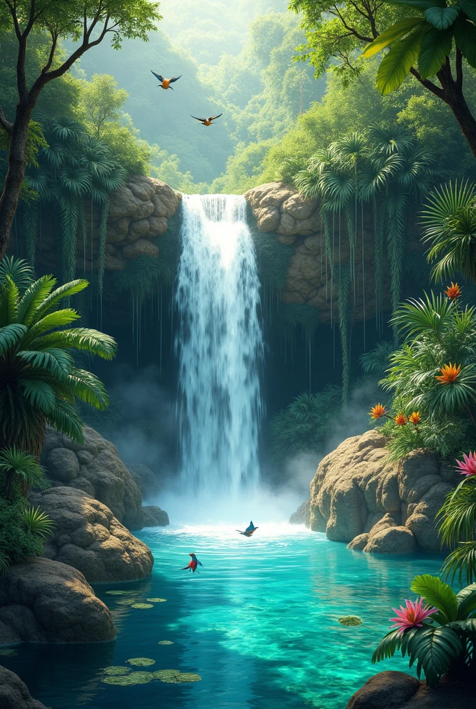 Peux-tu créer un monde paradisiaque avec une cascade, dune jungle, eau turquoise
