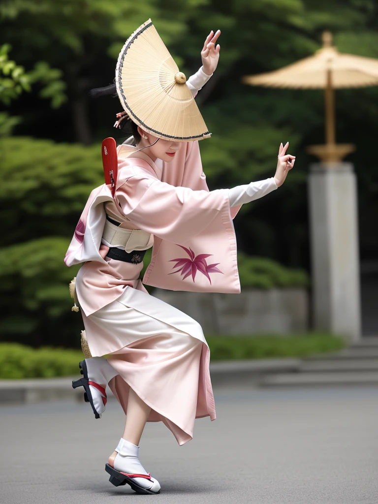 Photo-realistic quality、A woman wearing a pale pink kimono and a hat is in the park,White sleeves、Grass Square、 traditional Japanese kimono, A professional masterpiece, Beautiful images, Japanese Model, Traditional Japanese Kimono Japanese Bon Odori,A soft and gentle look、Woman dancing Awa Odori、White Arms、Wearing black clogs