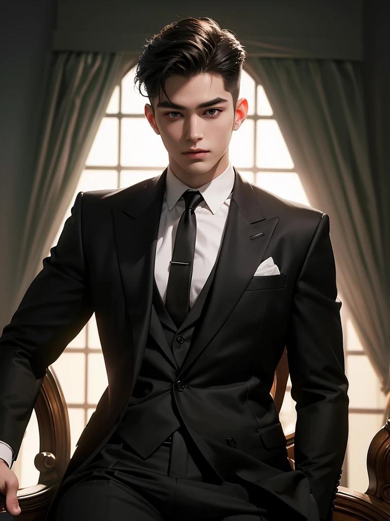 ((masterpiece)), ((best quality:1.2)), high resolution, 8k, (ultra_realistic:1.3), (photorealistic:1.4), (absurdres), sharp focus, highly detailed, (high quality), (masterpiece), handsome man, 25 year-old. Korean, 2,
normosthenic, black suit, green eyes, muscular, full body, dark light, front light, rim light. Mafia boss aesthetic. Rich billionaire boyfriend.