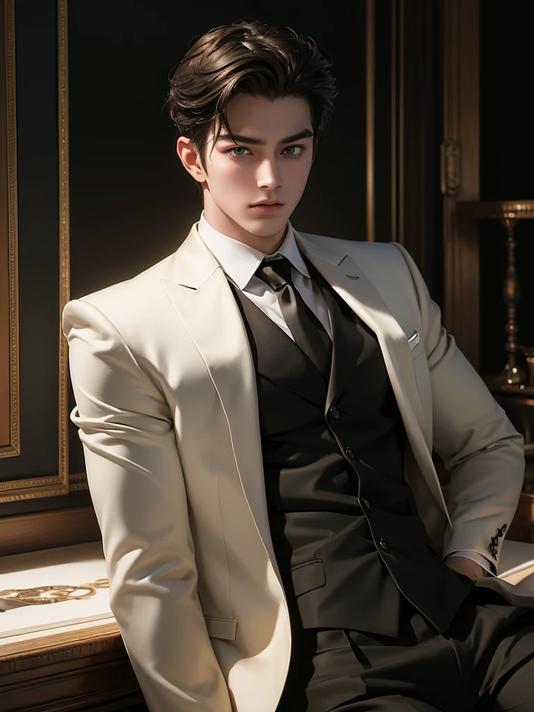 ((masterpiece)), ((best quality:1.2)), high resolution, 8k, (ultra_realistic:1.3), (photorealistic:1.4), (absurdres), sharp focus, highly detailed, (high quality), (masterpiece), handsome man, 25 year-old. Korean, 2,
normosthenic, black suit, green eyes, muscular, full body, dark light, front light, rim light. Mafia boss aesthetic. Rich billionaire boyfriend.
