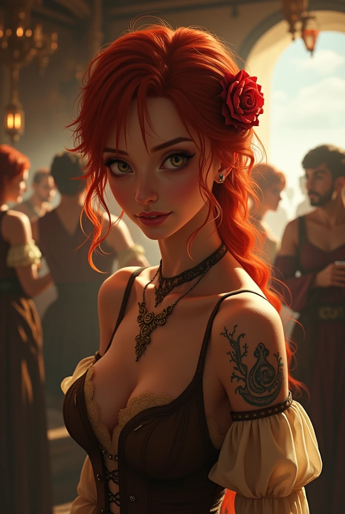 (photo of female citizen:1.3)  1girl, solo, small breasts, looking at viewer, smile, hair ornament, cleavage, dress, bare shoulders, jewelry, collarbone, upper body, red hair, flower, teeth, solo focus, hair flower, necklace, blurry, strapless, tattoo, depth of field, blurry background, (realistic:1.3) crowd, (in a medieval tavern:1.1), 8k, cinematic, fantasy shadows, contrast, clear sky, (warm hue, warm tone), high details, natural reflections]. 
