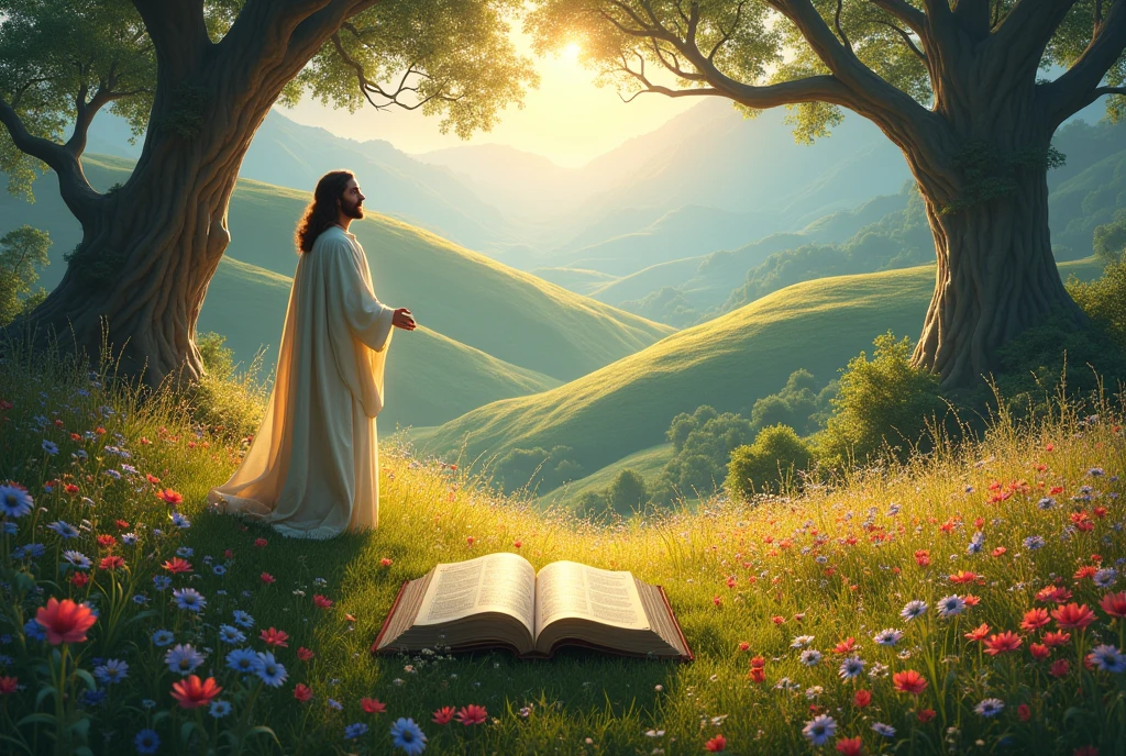 Hill covered with glory, tall trees and fire. an open Bible JESUS.