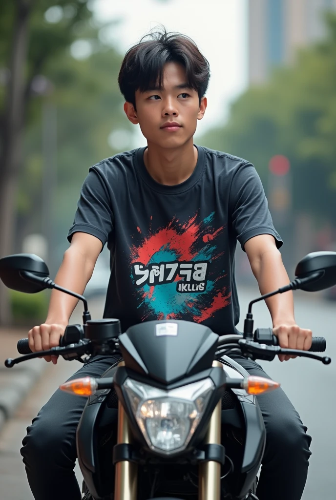 A young Thai man wearing an e-sports T-shirt sits on a motorbike, facing forward, with large, gentle eyes.