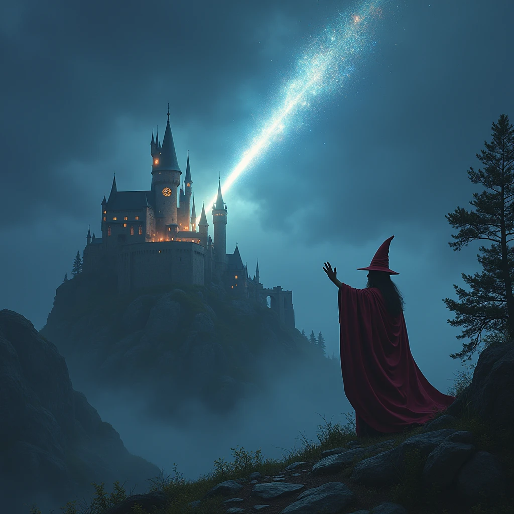 a meteor falls to the castle, a wizard raise his hand on the hill,