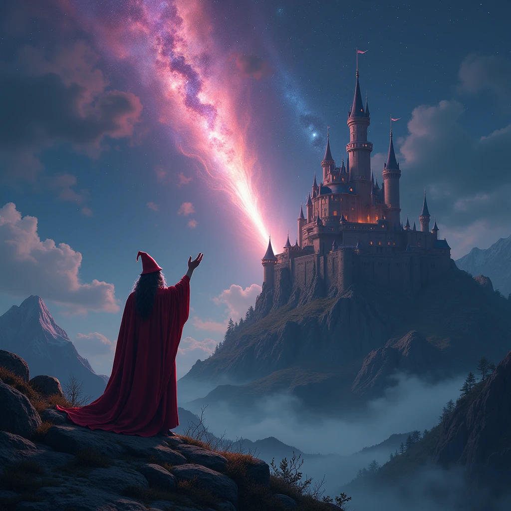 a meteor falls to the castle, a wizard raise his hand on the hill,