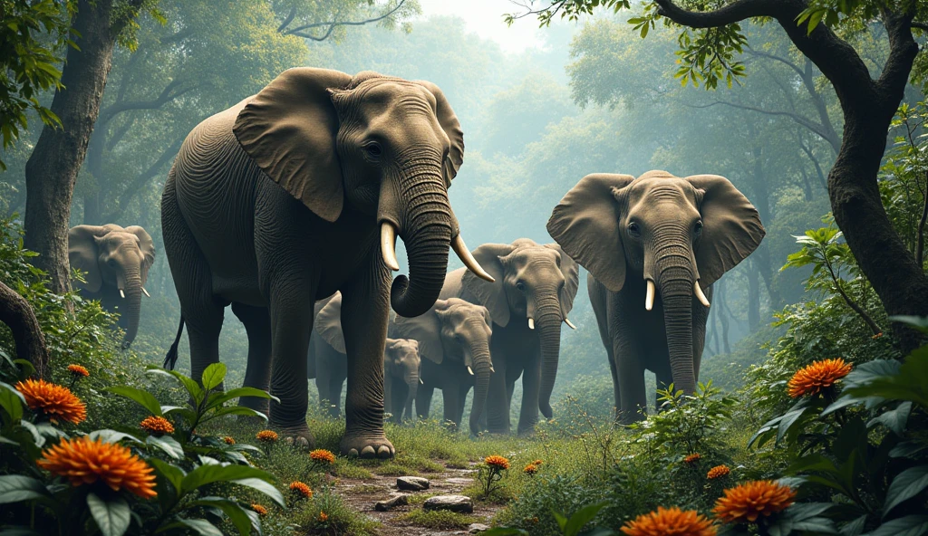 high quality, 8K Ultra HD, A beautiful wildlife animals more beautiful elephant with   dangerous jungle, plants, bigy wood ,   more elephant group , babys ,big plants , natural jarana , wood  , flowers  full ultra HD , high quality 100k 