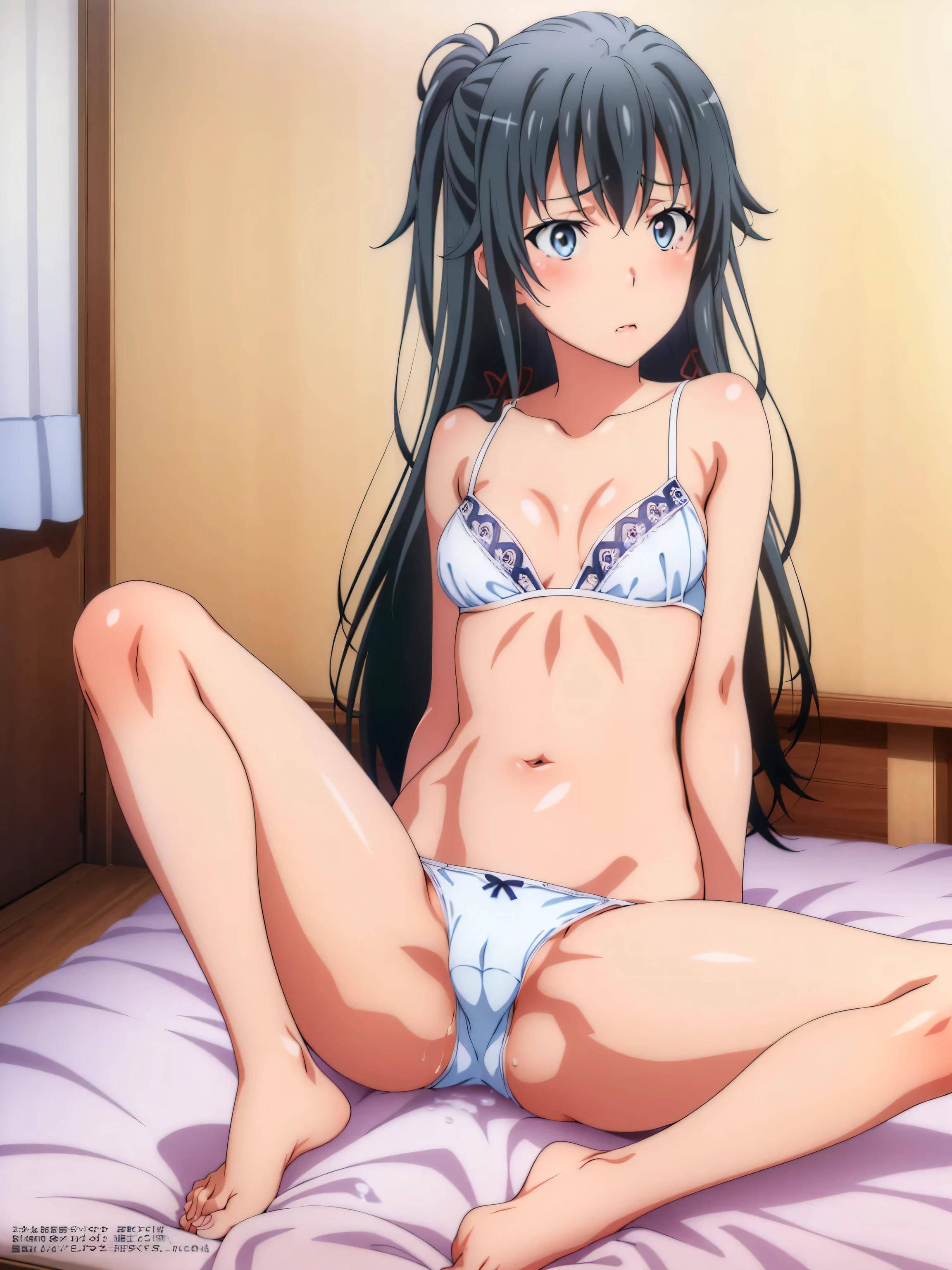 nsfw,1 person,(bed),(yukih0sita yukino),Troubled face,(whole body:1,0),sit,Long legs,barefoot,,(pussy cameltoe:1.0),(White bra),(白 panties:1.3),(pussy cameltoe:1.0),,embarrassed,(Put your arms behind your back)、(pussy juice),Spread your legs、