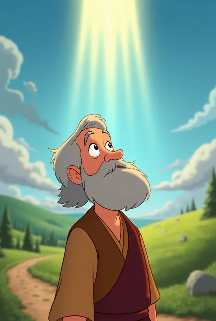 Disney style cartoon Noah looks up, suprised, and hear the voice of God (a soft sound, but authoritarian).