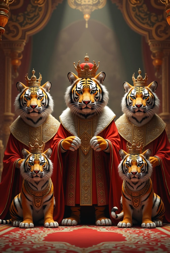 Royal family of tigers with royal costume in palace