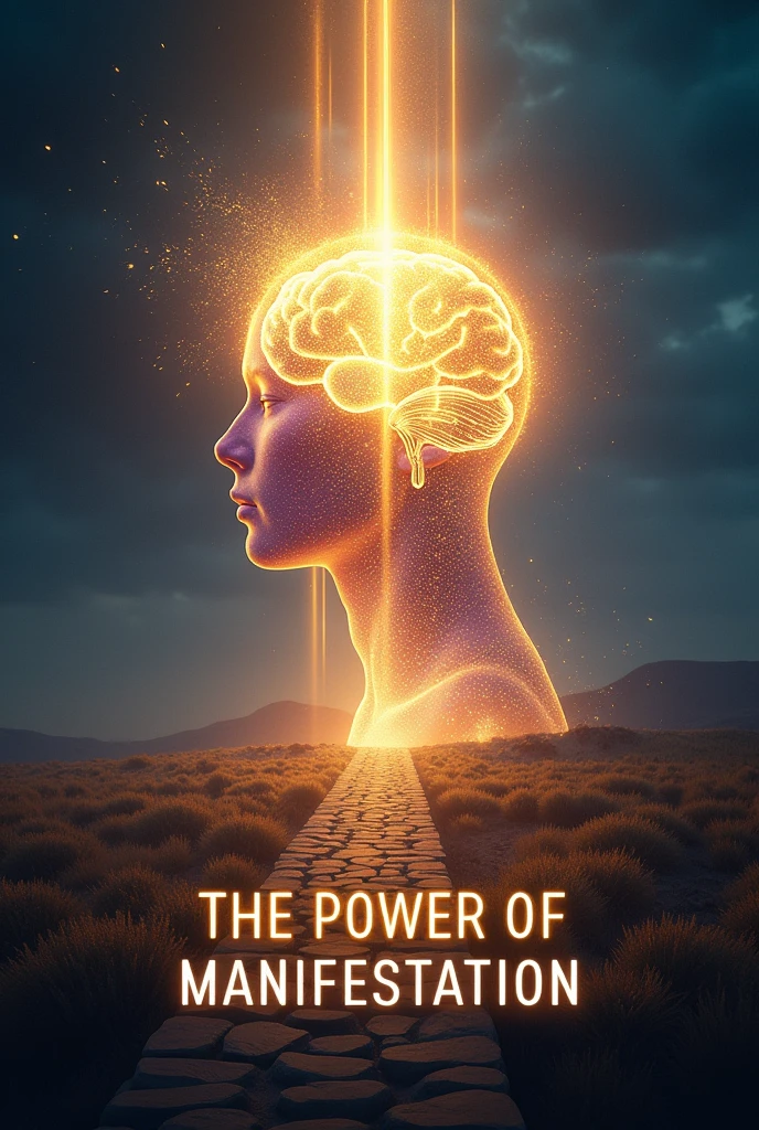 Create a YouTube thumbnail with the title "The Power of Manifestation" in large, bold, and vibrant font. The word "Manifestation" should be particularly emphasized with a glowing or gradient effect to make it stand out. The background should feature an image of a mind or head with a radiant light or aura emanating from it, symbolizing thoughts or energy. The overall color scheme should be uplifting and inspiring, using shades of gold, blue, and purple. Include subtle symbols of success, such as a path leading upwards or ascending light beams, to visually suggest the concept of manifesting one's desires.generate it in 16:9 ratio, tilled down side up and in a black theam