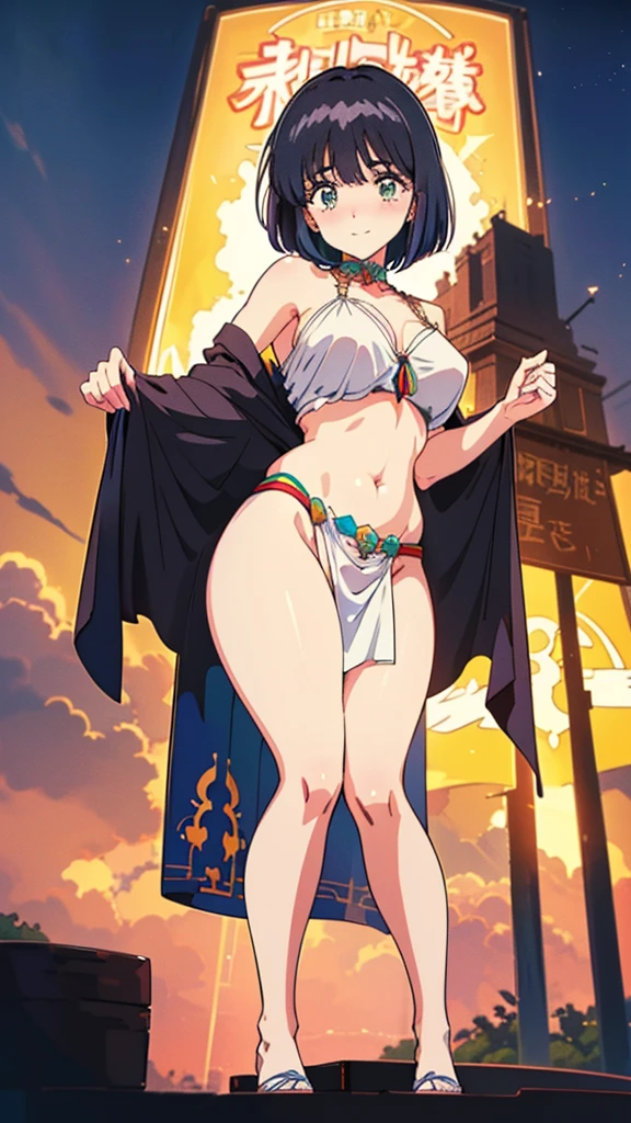 (Tabletop, Highest quality, High resolution:1.5, Anime Color, Anime key visual, sharp, 8k, Realistic), (Beautiful attention to detail:1.5, Beautifully detailed face:1.2), smile、Embarrassed、blush、(Black Hair、Short Bob)、Big Breasts、Wrap a cloth around your chest、White loincloth、Thick pubic hair、(Perfectly detailed anatomy, Beautiful detailed hair, Beautiful and exquisite body:1.2, Glowing Skin), (Thick outline, Beautiful contours, Black outline)、Armpits、stand、Festivals、Shooting from below