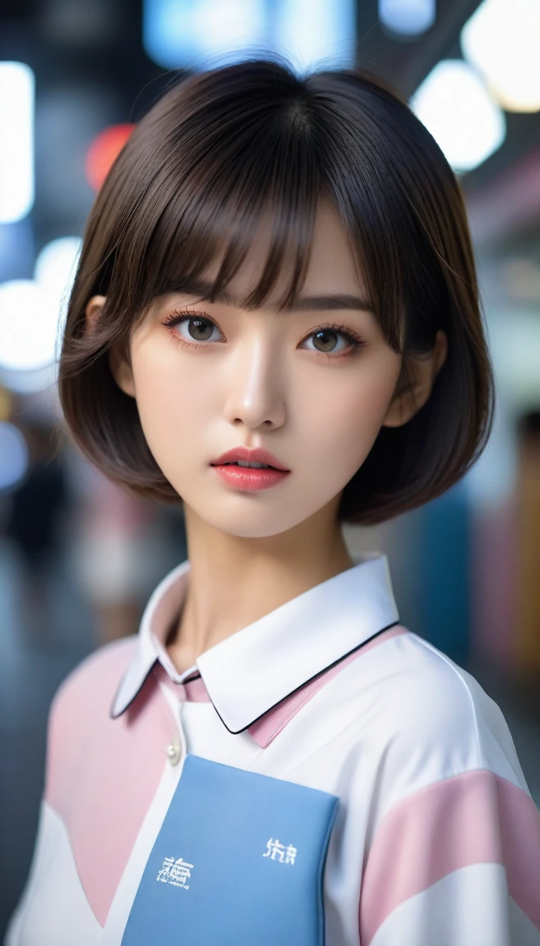 8k, Ultra-high resolution, Highest quality, masterpiece, 三分割法によるphotograph,Surreal, photograph,One Woman, (:1.3), cute, cute顔, 細部までBeautiful Eyes, 細かくdetailedに,masterpiece,One Girl:1.2,Japanese women,kindergarten,close up,glaring,Black short hair,Bowl cut,ID photo,(kindergarten uniforms:1.3),Eccentric,Future City,white collar,((Fusion of humans and androids))(Beautiful attention to detail),Subtle details, detailedな顔,anger,Attractive eyes,(ポートレートphotograph:1.4),(Photorealistic images:1.4),Fantasy art,(Beautiful Face:1.4),美しくAttractive eyes、Beautiful Eyes,Silver residue,(Tight waist:1.4)、(Beautiful with perfect body proportions:1.4),Pink Lips,profile,(((Ideal body type))),A-cup small breasts :2,、Portraiture:2、Perfect Anatomy、鮮明なdetailed、detailed,Fashion magazine cover,Thin lips,完璧でBeautiful Face ,完璧でcute顔, Skin with attention to detail, Perfect limbs、Narrow waist,Surreal,Light and shadow,spotlight