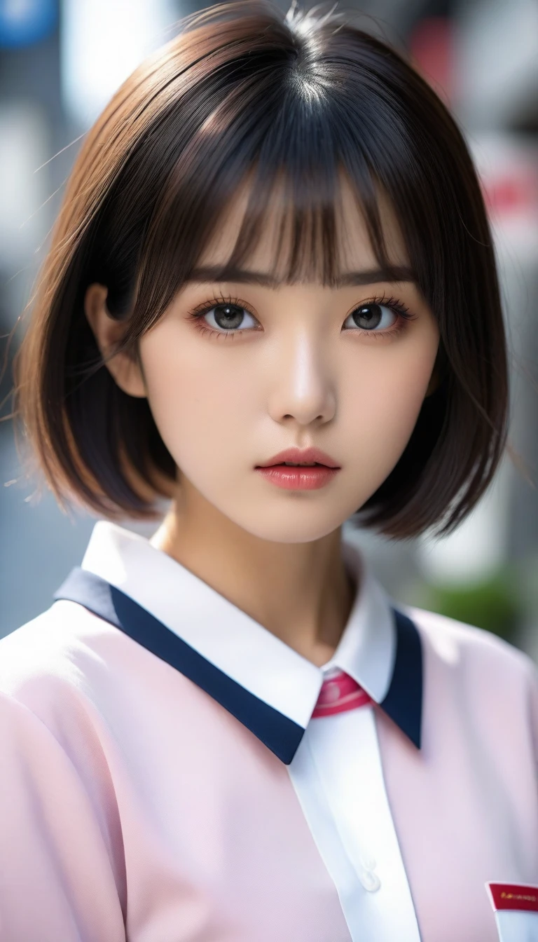 8k, Ultra-high resolution, Highest quality, masterpiece, 三分割法によるphotograph,Surreal, photograph,One Woman, (:1.3), cute, cute顔, 細部までBeautiful Eyes, 細かくdetailedに,masterpiece,One Girl:1.2,Japanese women,kindergarten,close up,glaring,Black short hair,Bowl cut,ID photo,(kindergarten uniforms:1.3),Eccentric,Future City,white collar,((Fusion of humans and androids))(Beautiful attention to detail),Subtle details, detailedな顔,anger,Attractive eyes,(ポートレートphotograph:1.4),(Photorealistic images:1.4),Fantasy art,(Beautiful Face:1.4),美しくAttractive eyes、Beautiful Eyes,Silver residue,(Tight waist:1.4)、(Beautiful with perfect body proportions:1.4),Pink Lips,profile,(((Ideal body type))),A-cup small breasts :2,、Portraiture:2、Perfect ???????、鮮明なdetailed、detailed,Fashion magazine cover,Thin lips,完璧でBeautiful Face ,完璧でcute顔, Skin with attention to detail, Perfect limbs、Narrow waist,Surreal,Light and shadow,spotlight