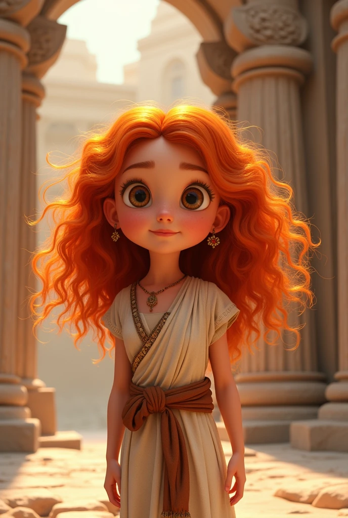 Two-dimensional animated design of a girl with orange and curly hair in ancient times