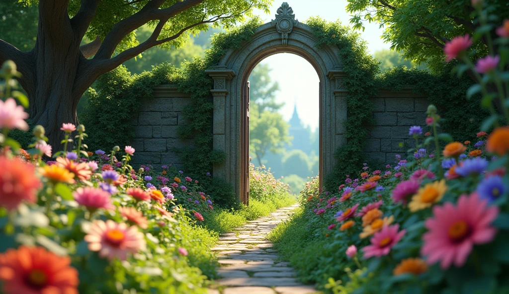 A magical, secret garden revealed beyond the gate, filled with vibrant flowers and greenery.
3d animation ,disney and inspiration