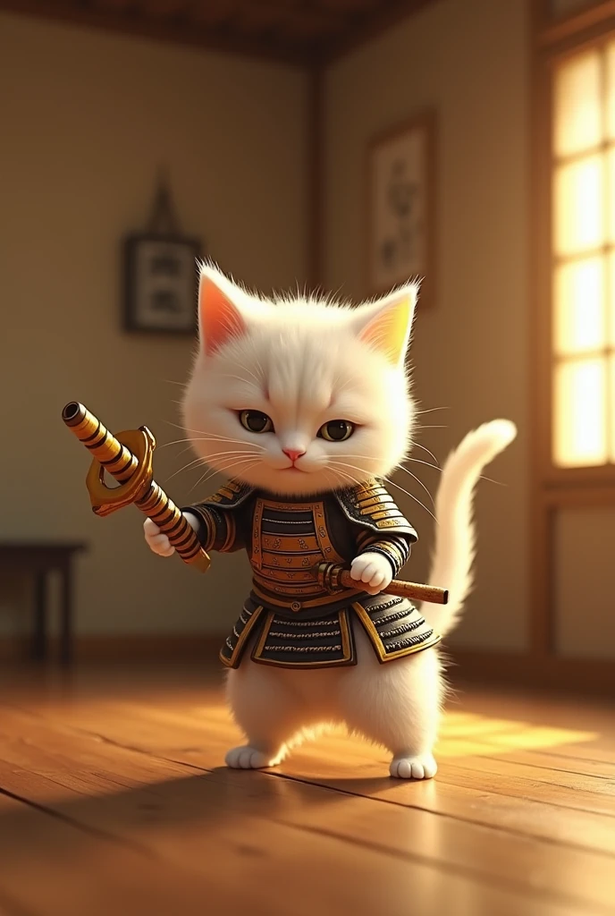 In a wooden floor room, there is a cat, the light is soft yellow. The small white cat is wearing samurai armor and is using a bamboo sword, slashing at a sandbag Mannequin standing upright facing the kitten.