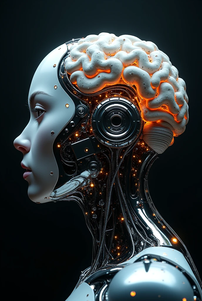 Create a hyper-realistic image of a biomechanical brain that embodies the concept of a futuristic AI. The brain should seamlessly integrate organic and mechanical components, with sections of neural tissue intertwined with intricate circuits, metallic structures, and glowing fibers. The mechanical parts should include gears, microchips, and cables, with some areas of the brain illuminated by soft, pulsating lights, suggesting active thought processes. The overall design should be sleek and advanced, with a blend of silver, chrome, and dark metallic colors, contrasted by the organic textures of the brain. The background should be dark and minimalist, highlighting the brain and its biomechanical details, creating a sense of advanced, intelligent design that feels both futuristic and realistic