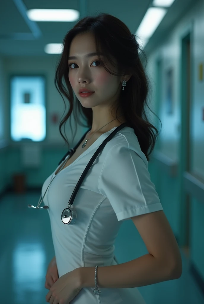 (32K:1.9, best quality, masterpiece, Ultra-high resolution), Professional photography work:1.3, Very detailedな肌と顔の質感:1.3, Always accurate, Very detailed, ((25 talents, Nurse, A dark room in a large hospital:1.4, The moonlight illuminates the room at night:1.2)), (Bursting big breasts, Tight white Nurse uniform:1.3, Ultra-thin body), White skin, elegant, Sense of cleanliness, Sexy pose, (Big eyes that exude beauty:0.4, Shy smile:1.0, I love you with all my heart:0.8, Please open your mouth a little, Lipstick, Feel the beauty:0.9), (Dark brown medium length hair), Stethoscope, earrings, necklace, bracelet, (Romantic, mystery), Object of admiration, The original, dramatic, artistic, Innovative, charm, Heart to Heart, want to, A sense of openness, special, mind blowing, extreme, tilt, Loss, sorrow, sorrowの表現, ((若さのcharm, 女性的なcharm))