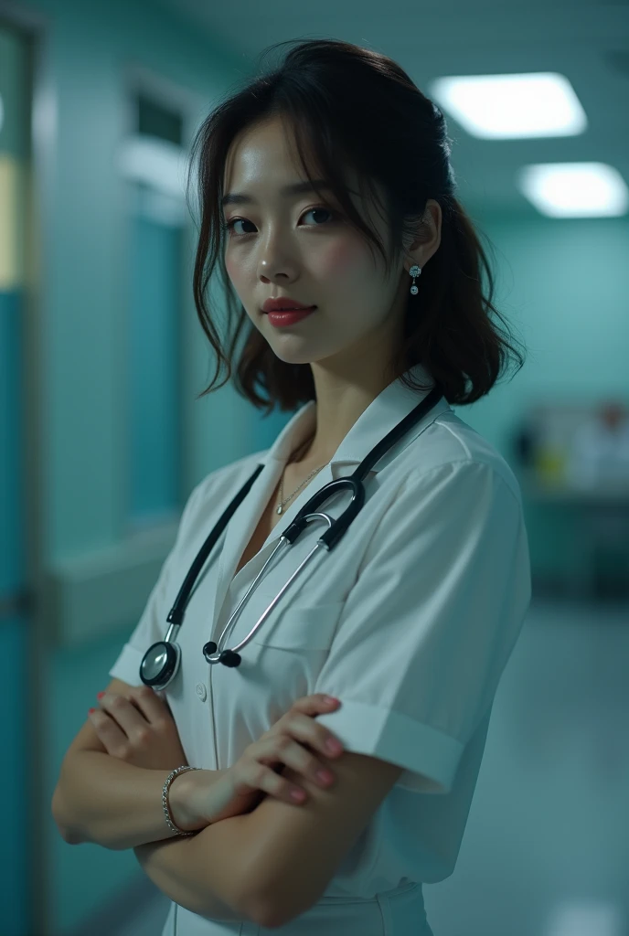 (32K:1.9, best quality, masterpiece, Ultra-high resolution), Professional photography work:1.3, Very detailedな肌と顔の質感:1.3, Always accurate, Very detailed, ((25 talents, Nurse, A dark room in a large hospital:1.4, The moonlight illuminates the room at night:1.2)), (Bursting big breasts, Tight white Nurse uniform:1.3, Ultra-thin body), White skin, elegant, Sense of cleanliness, Sexy pose, (Big eyes that exude beauty:0.4, Shy smile:1.0, I love you with all my heart:0.8, Please open your mouth a little, Lipstick, Feel the beauty:0.9), (Dark brown medium length hair), Stethoscope, earrings, necklace, bracelet, (Romantic, mystery), Object of admiration, The original, dramatic, artistic, Innovative, charm, Heart to Heart, want to, A sense of openness, special, mind blowing, extreme, tilt, Loss, sorrow, sorrowの表現, ((若さのcharm, 女性的なcharm))