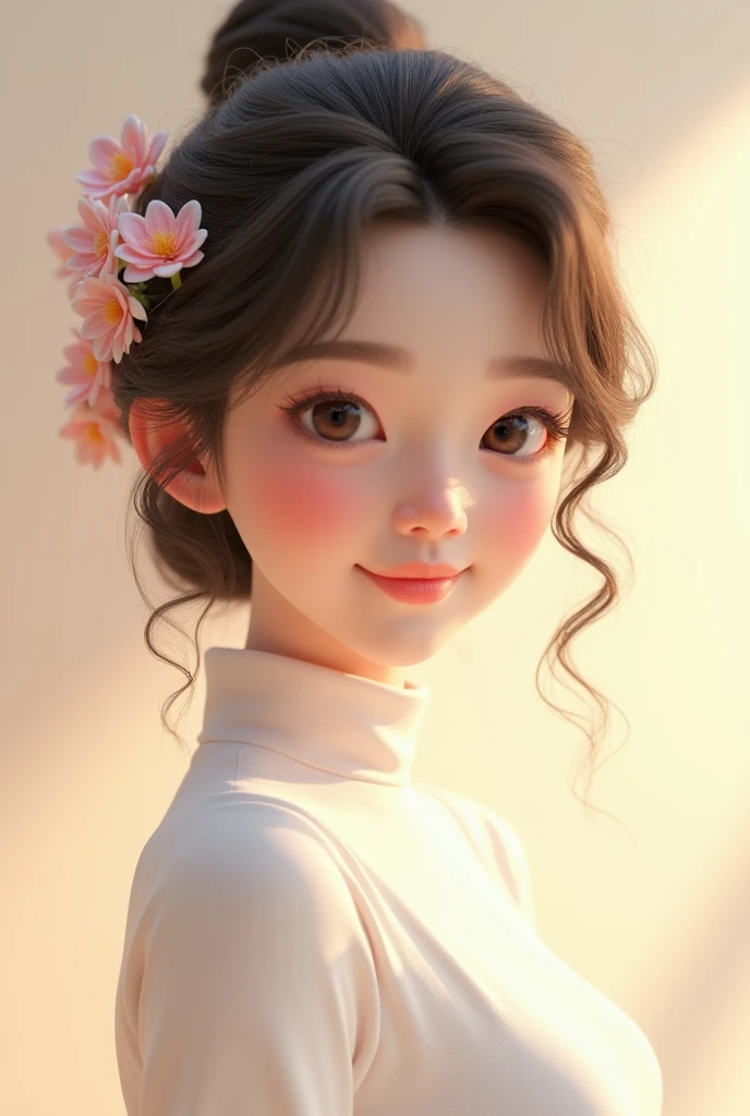 White beautiful 23 yearsold sweet korean 3d animated girl with a curly hair and flower in her head wearing white turtle neck dress in a cream background picture portrait