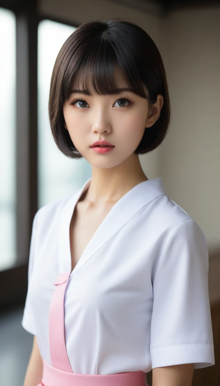 8k, Ultra-high resolution, Highest quality, masterpiece, 三分割法によるphotograph,Surreal, photograph,One Woman, (:1.3), cute, cute顔, 細部までBeautiful Eyes, 細かくdetailedに,masterpiece,One Girl:1.2,Japanese women,kindergarten,close up,glaring,Black short hair,Bowl cut,ID photo,(kindergarten uniforms:1.3),Eccentric,Future City,white collar,((Fusion of humans and androids))(Beautiful attention to detail),Subtle details, detailedな顔,anger,Attractive eyes,(ポートレートphotograph:1.4),(Photorealistic images:1.4),Fantasy art,(Beautiful Face:1.4),美しくAttractive eyes、Beautiful Eyes,Silver residue,(Tight waist:1.4)、(Beautiful with perfect body proportions:1.4),Pink Lips,profile,(((Ideal body type))),A-cup small breasts :2,、Portraiture:2、Perfect Anatomy、鮮明なdetailed、detailed,Fashion magazine cover,Thin lips,完璧でBeautiful Face ,完璧でcute顔, Skin with attention to detail, Perfect limbs、Narrow waist,Surreal,Light and shadow,spotlight