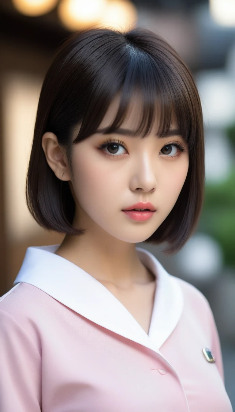 8k, Ultra-high resolution, Highest quality, masterpiece, 三分割法によるphotograph,Surreal, photograph,One Woman, (:1.3), cute, cute顔, 細部までBeautiful Eyes, 細かくdetailedに,masterpiece,One Girl:1.2,Japanese women,kindergarten,close up,glaring,Black short hair,Bowl cut,ID photo,(kindergarten uniforms:1.3),Eccentric,Future City,white collar,((Fusion of humans and androids))(Beautiful attention to detail),Subtle details, detailedな顔,anger,Attractive eyes,(ポートレートphotograph:1.4),(Photorealistic images:1.4),Fantasy art,(Beautiful Face:1.4),美しくAttractive eyes、Beautiful Eyes,Silver residue,(Tight waist:1.4)、(Beautiful with perfect body proportions:1.4),Pink Lips,profile,(((Ideal body type))),A-cup small breasts :2,、Portraiture:2、Perfect Anatomy、鮮明なdetailed、detailed,Fashion magazine cover,Thin lips,完璧でBeautiful Face ,完璧でcute顔, Skin with attention to detail, Perfect limbs、Narrow waist,Surreal,Light and shadow,spotlight