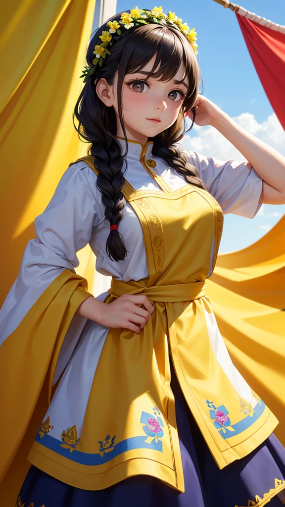 Charming  in Ukrainian national costume standing in full height against the background of the flag of Ukraine. The girl has a wreath on her head, she has beautiful brown eyes with long eyelashes, ruddy cheeks. Her thick hair is braided into one long tight braid. The braid is thrown over her shoulder to her chest. There is an enthusiastic expression on her face. She puts her right hand to her heart and listens to the national anthem of her country. Bright colors, white background. Cartoon style.