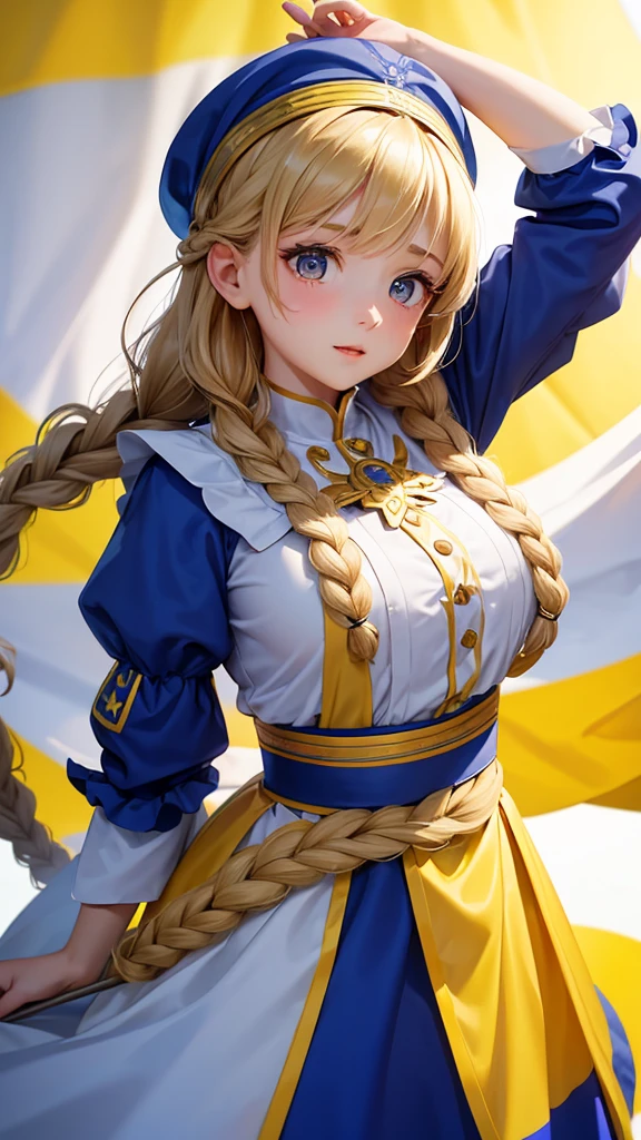 Charming in Ukrainian national costume standing in full height against the background of the flag of Ukraine. The girl has a wreath on her head, she has beautiful brown eyes with long eyelashes, ruddy cheeks. Her thick hair is braided into one long tight braid. The braid is thrown over her shoulder to her chest. There is an enthusiastic expression on her face. She puts her right hand to her heart and listens to the national anthem of her country. Bright colors, white background. Cartoon style.