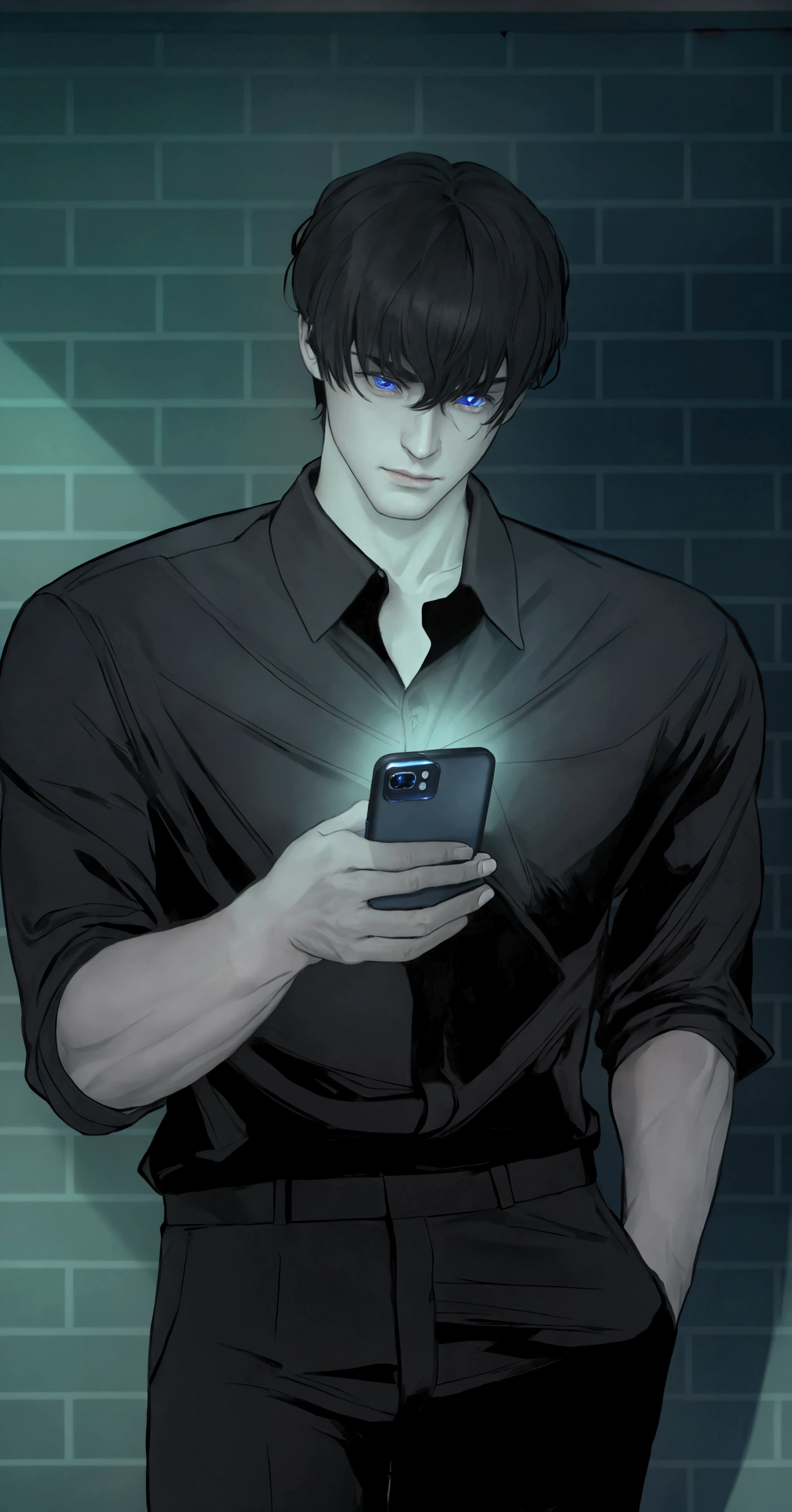 A man was playing on his cellphone in the middle of the night, he handsome, black hair, eyes color true sapphire