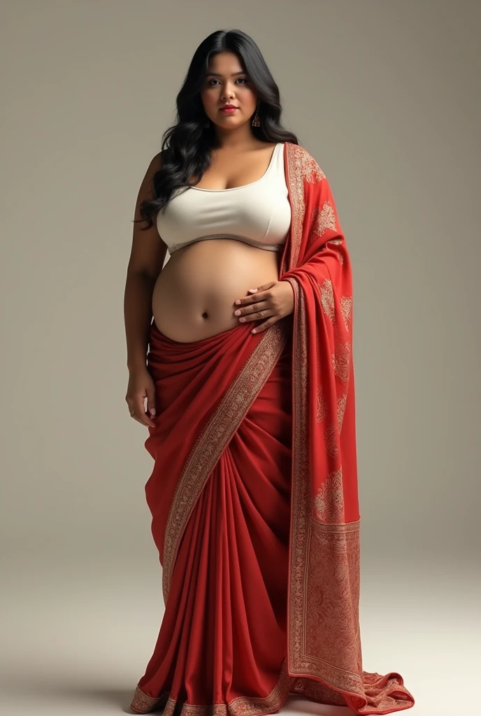 Tank top, saree, round navel, medium size breast, Plump belly,