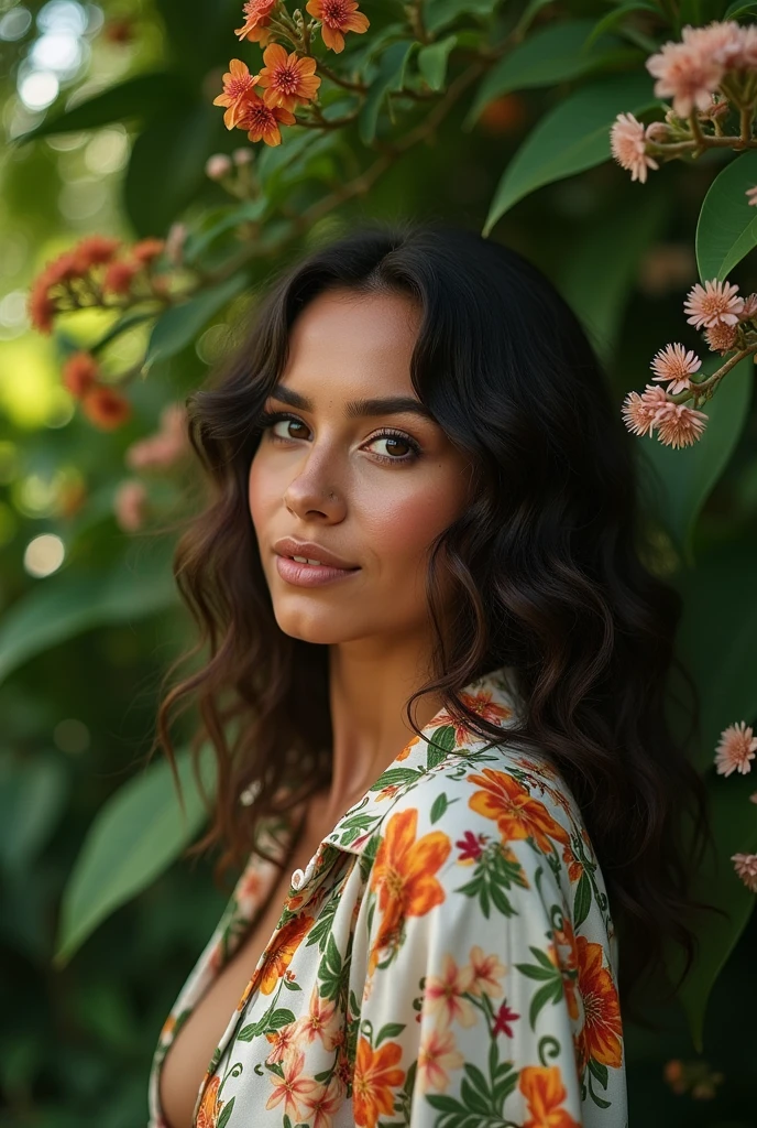 A Brazilian woman in a lush tropical garden, wearing an open shirt with a floral print, with a close-up capturing the harmonious beauty between her breasts and the natural flowers, showing off your natural charm and outgoing personality.