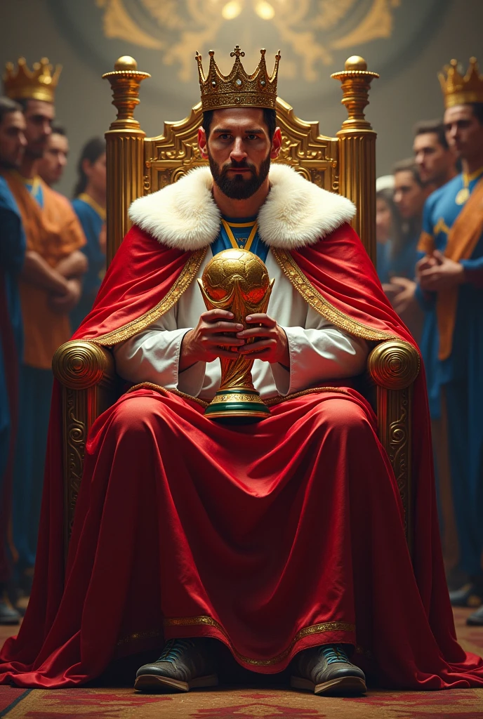 Messi as a king sitting with his worldcup in his hand in his Kingdom with all his people