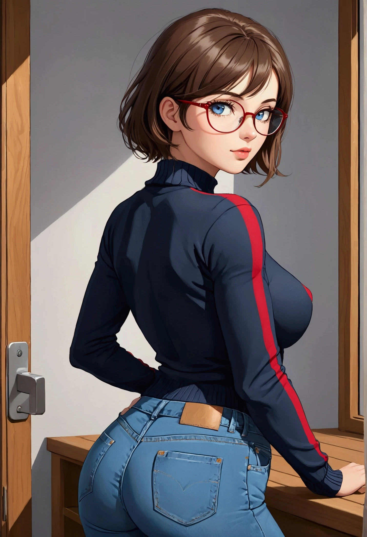 20 years old woman, Short brown hair, Méditerranéenne aux blue eye, Generous and heavy breasts, slender waist, definition of l'estomac, fesses rebondies et pulpeuses, naturally curved, muscular thighs, aguicheuse, cabine d'fitting , blue eye, lunettes, jean et pull rouge, Selfie, back view