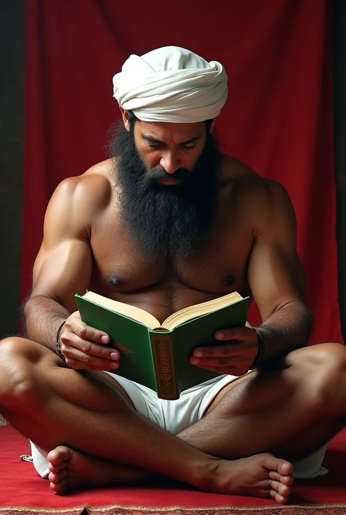 Strong hairy and bearded Bolivian man in white underwear, Islamic cap on the head, sitting on the red carpet reading a green-covered holy book in his hands. 