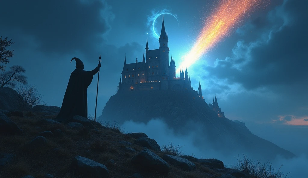 a meteor falls to the castle, a wizard raise his hand on the hill,