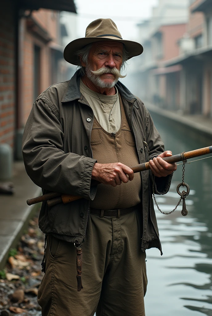 old man, macular, good looking, wearing dirty white Henley, brown cotton waist coat, dark brown jacket, blue jeans, worker style, rugged clothes, white mustache, working hat, leather old shoes, tall man, fishing by the water channel inside the city